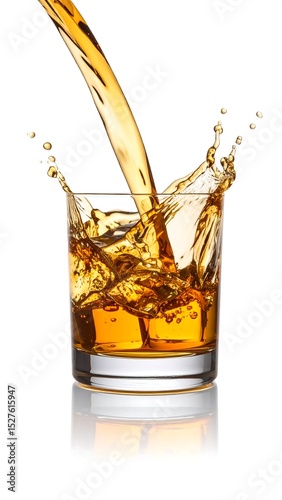 Amber Liquid Pouring into Glass with Ice Cubes and Splash