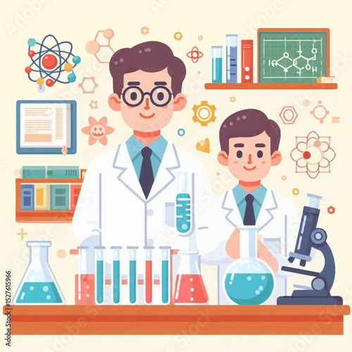 Two cartoon scientists behind a lab table with flasks tubes a microscope books a screen and diagrams