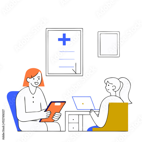 Modern medicine, healthcare system. Medical aid at doctor's office in the clinic. Doctor therapist works with patient, research personal card, patient happy from positive result. Vector Illustration