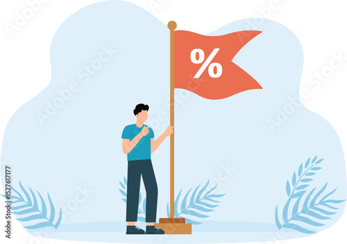 The increase in interest rates due to rising inflation. The US Fed raised interest rates to fight inflation. A businessman waving a flag with a percentage symbol on a pole.
