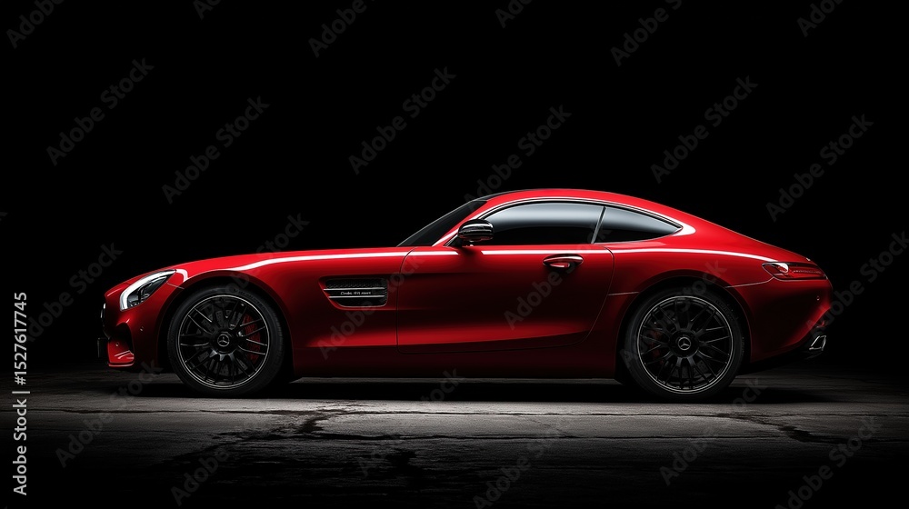 Naklejka premium Red sports car exuding power and elegance on a sleek dark backdrop