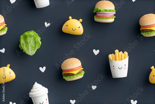 Cute kawaii fast food pattern with burgers, fries, and happy faces on dark background
