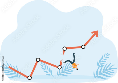 Economic downturn and impact of the economic and financial crisis. falling chart and financial collapse. Businessman falls off broken green chart chart and turns red.
