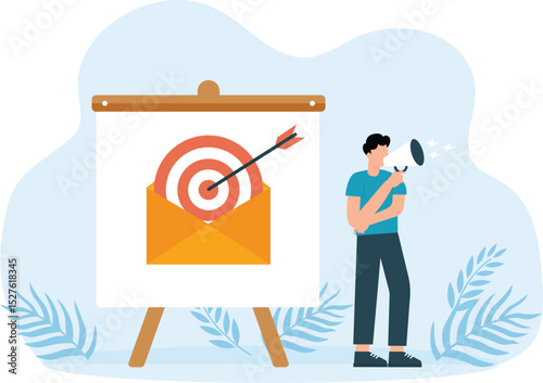 Email marketing and subscribing to a newsletter or sending online promotions to direct customers to a website advertising, businessman with megaphone and target email on computer laptop.
