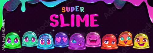 Super slime long horizontal banner with funny cute cartoon rainbow slimy blob characters sparkles and fluid stripes on dark background. Comic colorful little jelly monsters set. Vector illustration.