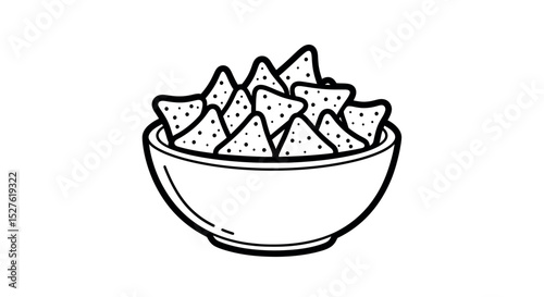 Bowl of Tortilla Chips Line Art - Hand Drawn Nachos Vector Illustration