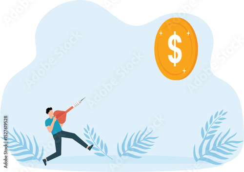 Startup success goal new product launch aims to win business achievement, marketing goal or target, confident entrepreneur launches new rocket to hit bullseye dartboard target.
