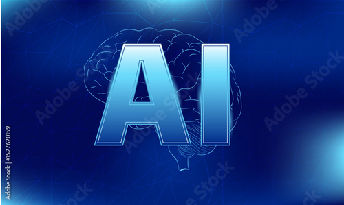Futuristic AI interface with glowing text and digital lines on a dark blue horizontal background.