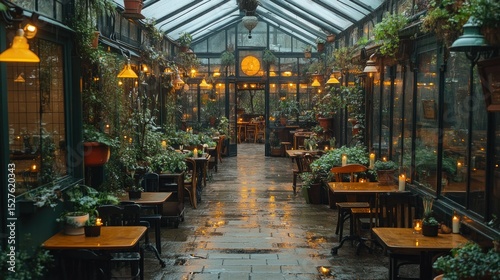 Romantic, lush greenhouse cafe
