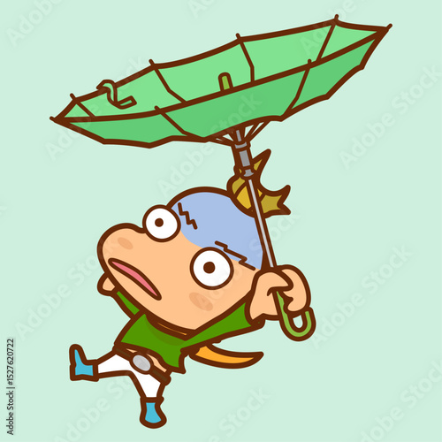台風の強風で傘がひっくり返る男の子のイラスト／Illustration of a boy with an umbrella flipped over by the strong winds of a typhoon