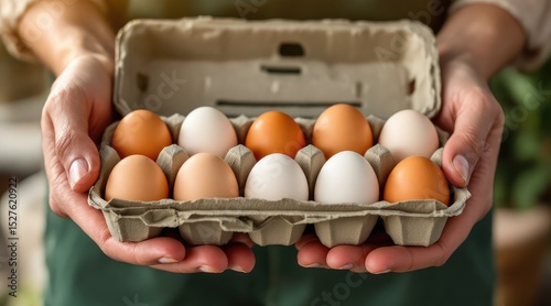 summer farmers market experience. A person holds a carton containing a variety of eggs, showcasing both brown and white eggs in a visually appealing manner. photo