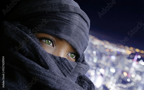 Close-up of a veiled woman at night