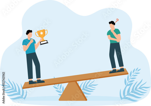 Social comparison anxiety discouraged from failure, loser or self motivation problem, comparing yourself to others, man standing on his hands comparing other side to fellow winners.
