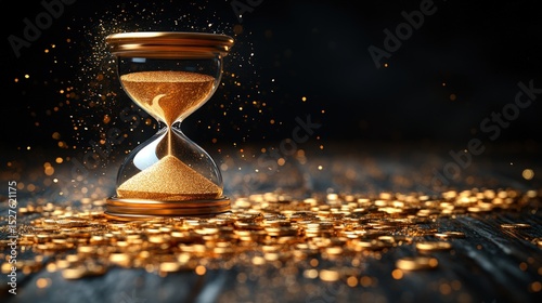 Golden hourglass with falling sand, surrounded by gold coins