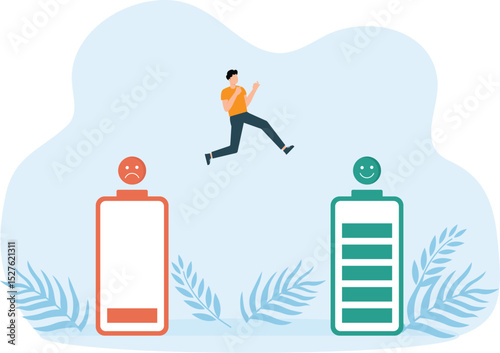 businessman running on a mood energy battery to a good or full mod. Mental health power concept
