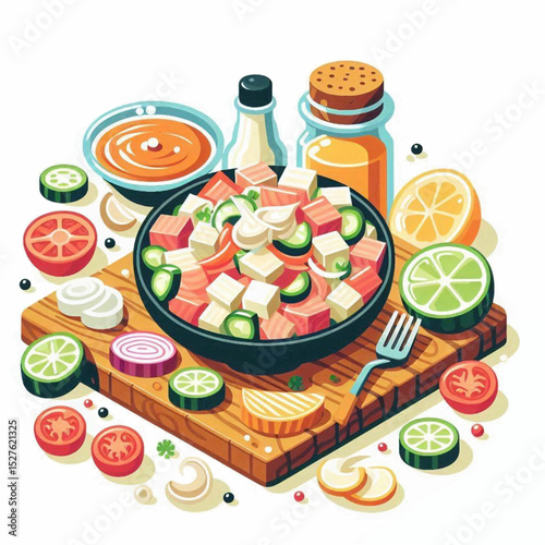 A cartoonstyle dish of ceviche complete with a fork and various colorful ingredients on a wooden board