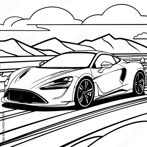 Sport Car on the Highway with Mountain View Coloring Page