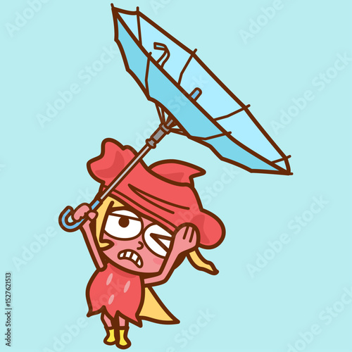 台風の強風で傘がひっくり返る女の子のイラスト／Illustration of a girl with an umbrella flipped over by the strong winds of a typhoon