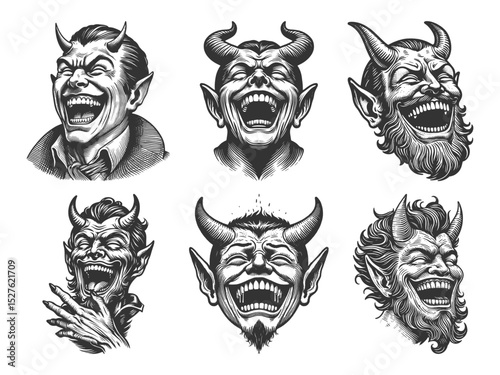 Laughing Devils and Demons Set collection bundle sketch engraving generative ai vector illustration. Scratch board imitation. Black and white image.
