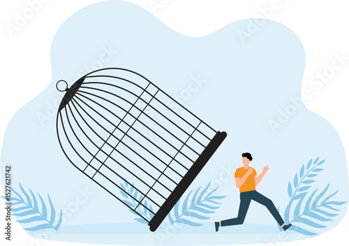 Change to experience new challenges or liberate the concept of freedom, Escape from routine comfort zone, strong ambitious entrepreneur bends the bar and escapes from the birdcage trap.

