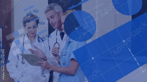 Nurse tapping tablet in clinic showing bar graphs turning into pie charts with percentage labels