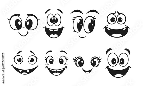 Set of funny cartoon faces with big eyes and smiles, black and white vector characters of emotions, cartoon faces, funny expressions, vector emoji, children characters