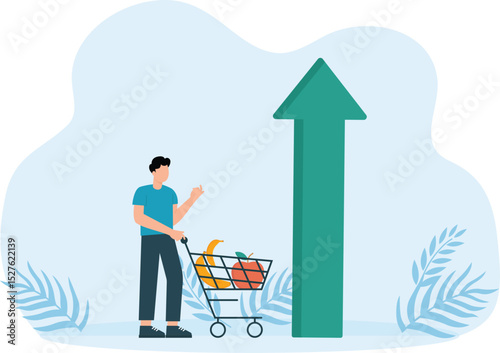 Inflation growth of consumer price index and financial crisis concept. The character buys food in the supermarket and is worried about rising prices for groceries.
