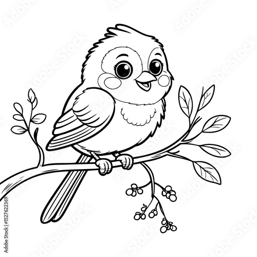 Adorable Cartoon Bird Perched on a Tree Branch with Leaves and Berries