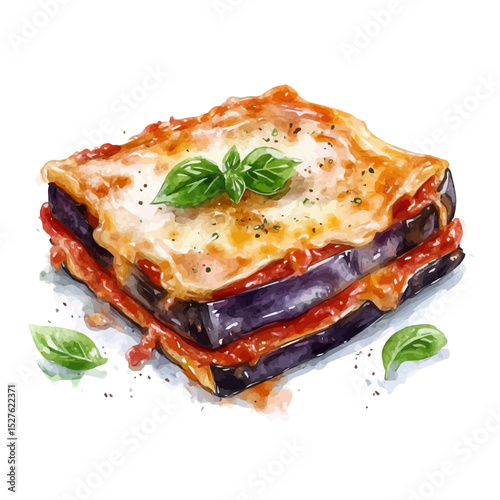 Eggplant Parmigiana, watercolor illustration vector, high quality, isolated on a white background.