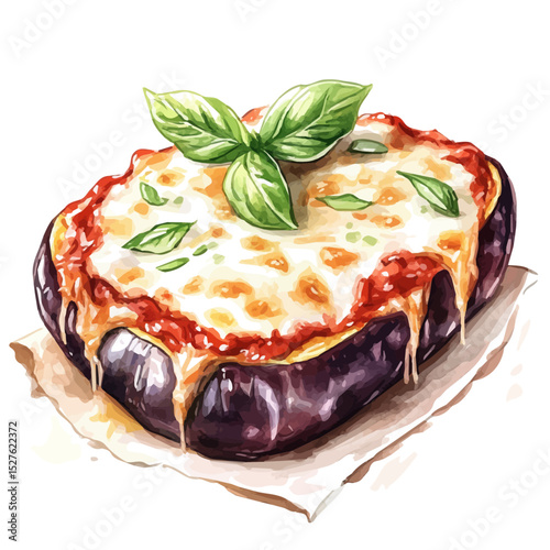 Eggplant Parmigiana, watercolor clipart vector, high quality, isolated on a white background.