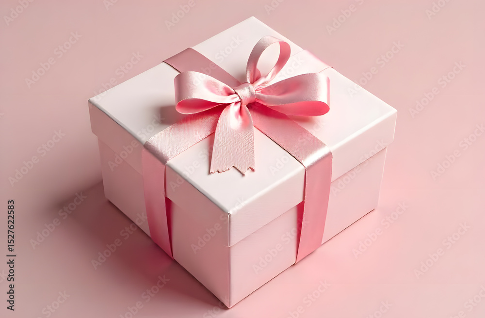 Obraz premium Pink gift box with pink ribbon and bow isolated on pink background pastel tones, wedding present, present, gift, 