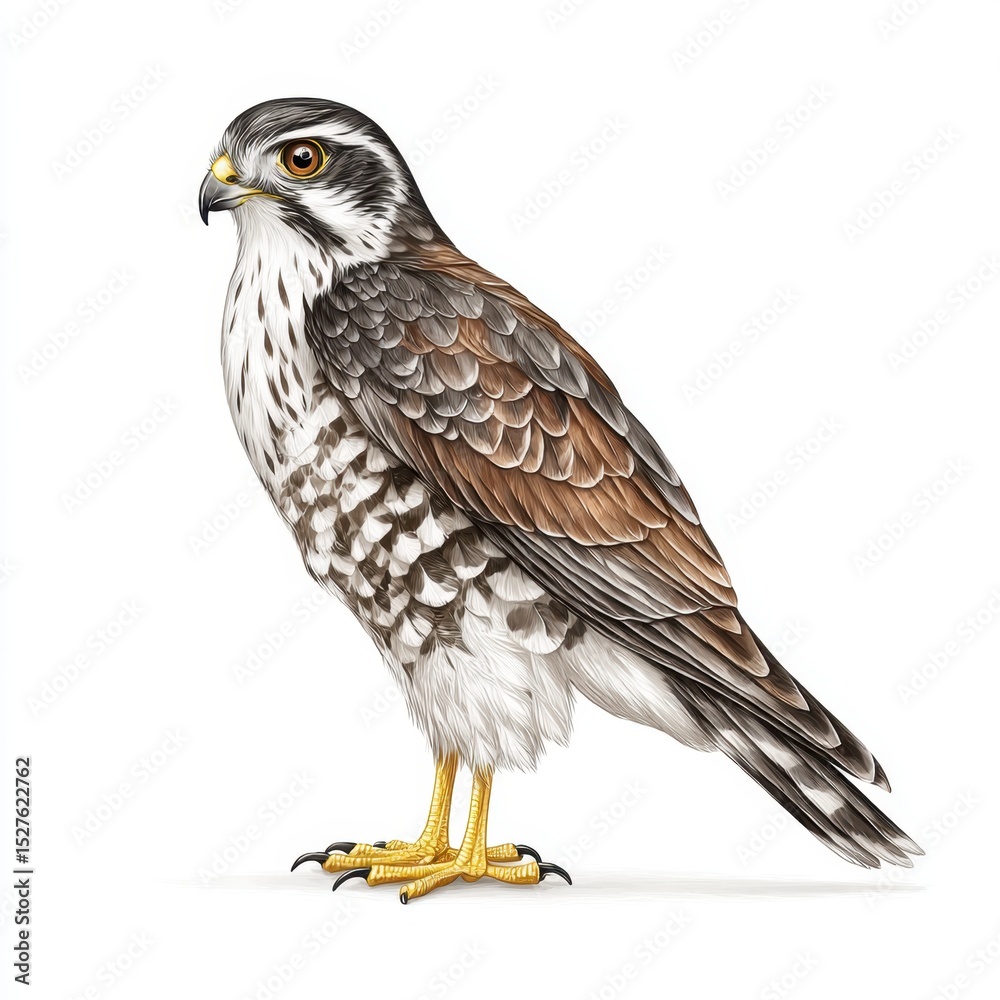Fototapeta premium Watercolor illustration of merlin bird perching with brown and white plumage
