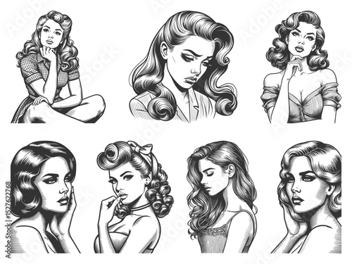 women with expressive, pensive, and emotional facial expressions Set collection bundle sketch engraving generative ai vector illustration. Scratch board imitation. Black and white image.