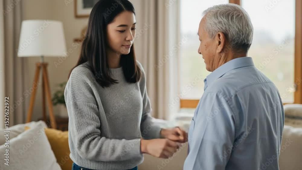 Young Woman Helping Elderly Parent Button Shirt, Compassionate Family Support Young Woman Helping Elderly Parent Button Shirt, Compassionate Family Support