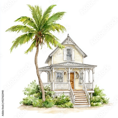 A quaint tropical home with a palm tree stands painted in watercolor style.