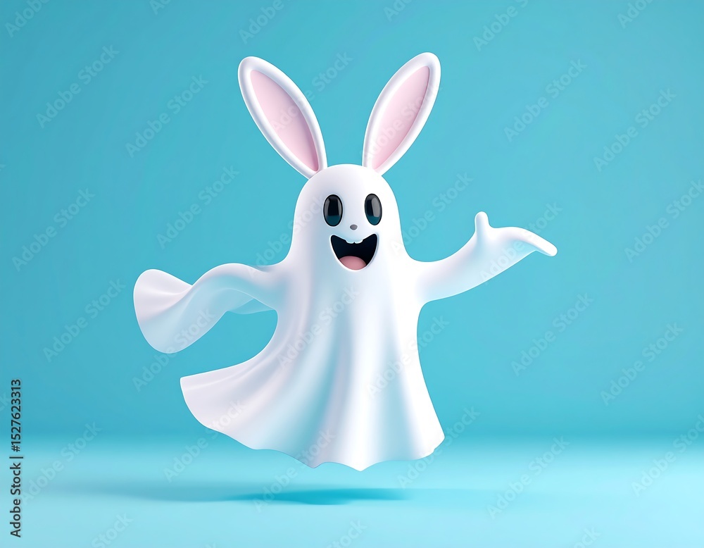 Obraz premium Playful Cartoon Ghost with Bunny Ears on Light Blue Background