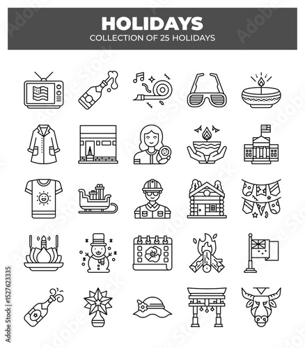 Holidays. Collection of 25 Festive Line Icons