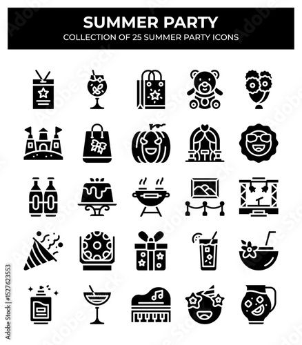 Summer Party Icons. A vibrant collection of 25 unique summer party icons