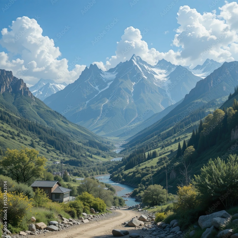 Fototapeta premium Peaceful Mountain Village Scenery Under Clear Sky