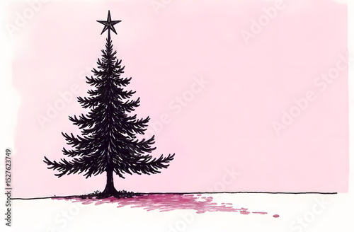 Black Christmas tree on a pink background, space for an inscription on the side