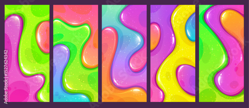Colorful abstract slimy wave background. Glitter mixed slime texture.Bright abstract gel texture with vibrant colors and glossy liquid shapes. Colorful jelly long vertical backgrounds set.