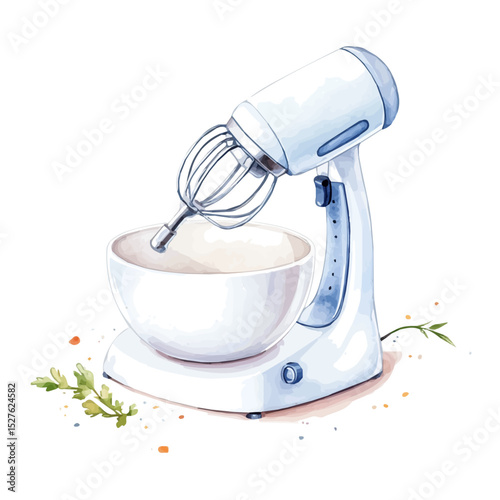watercolor vector of Electric Hand Mixer And Bowl, high quality, isolated on a white background.