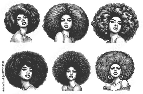 woman with large Afro hairstyle set collection, beauty, confidence, bold fashion sketch engraving generative ai fictional character vector illustration. Scratch board imitation. Black and white image.