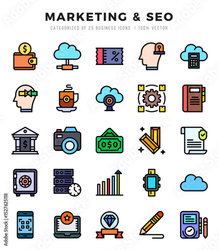 Vector Marketing & SEO types icon set in Lineal Color style. vector illustration.