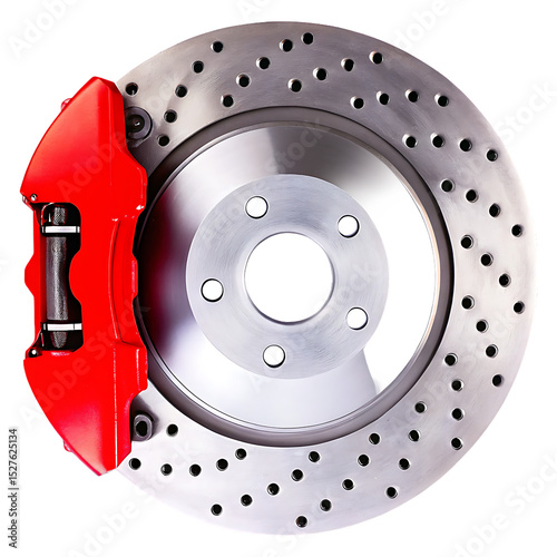 Red brake caliper and perforated disc isolated on a white background png ai generated