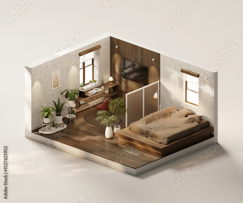 Fototapeta Naklejka Na Ścianę i Meble -  Isometric view bed room open inside interior architecture 3d rendering digital art	

