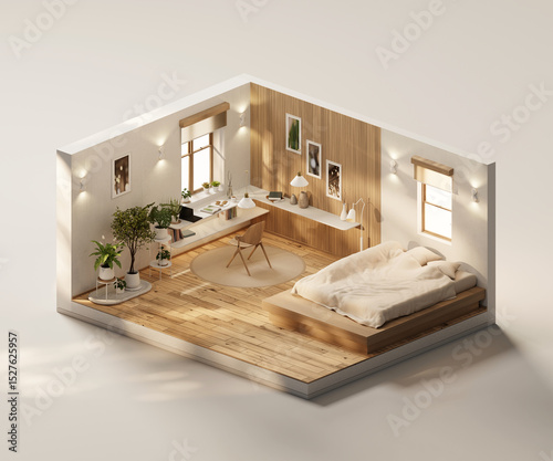 Fototapeta Naklejka Na Ścianę i Meble -  Isometric view bed room open inside interior architecture 3d rendering digital art	
