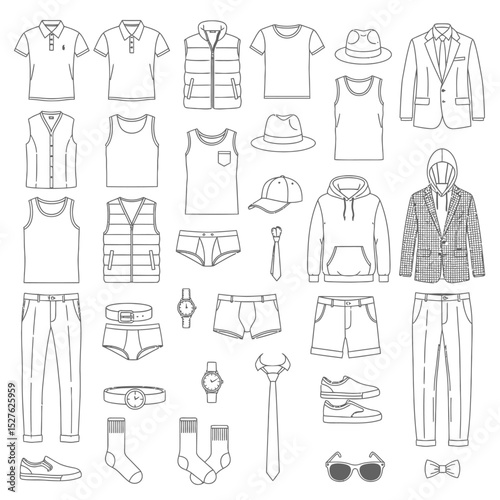 Line art illustration showcasing a variety of men's clothing and accessories on a white background