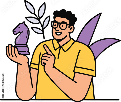 Chess Strategy Vector Illustration: Man with Chess Knight on White.