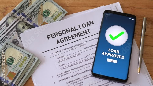 Personal Loan Approval with Documents and Cash, Loan Agreement and Approved Status on Smartphone, Personal Loan Agreement with Money and Phone Screen

